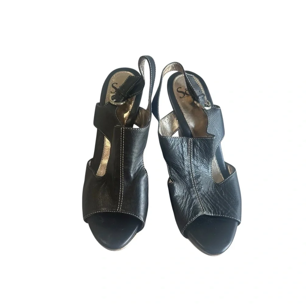 Sofft Black Leather Slingback Peep Toe Heels | Stacked Cone Heel | Comfort Style